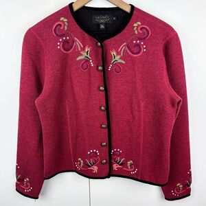 Icelandic Design 100% Wool Red Embroidered Nordic Button Cardigan Sweater Small